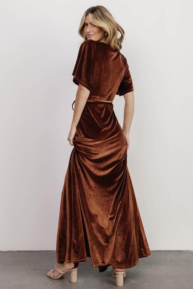 Meghan Velvet Wrap Maxi Dress | Bronze