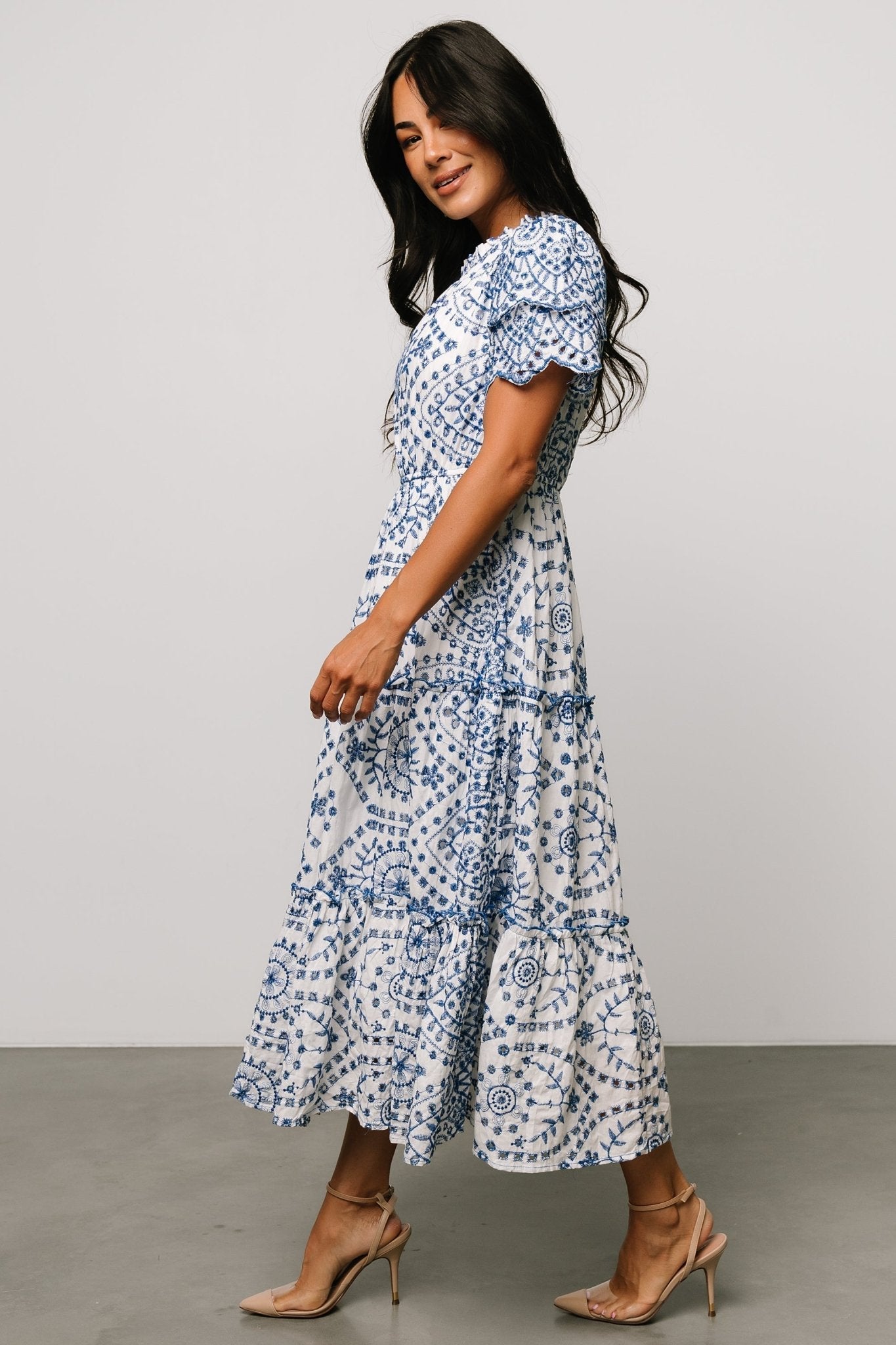 Mirabel Eyelet Midi Dress | White + Blue