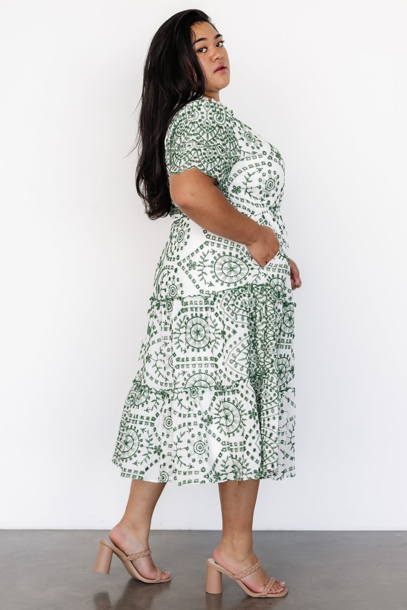 Mirabel Eyelet Midi Dress | White + Green