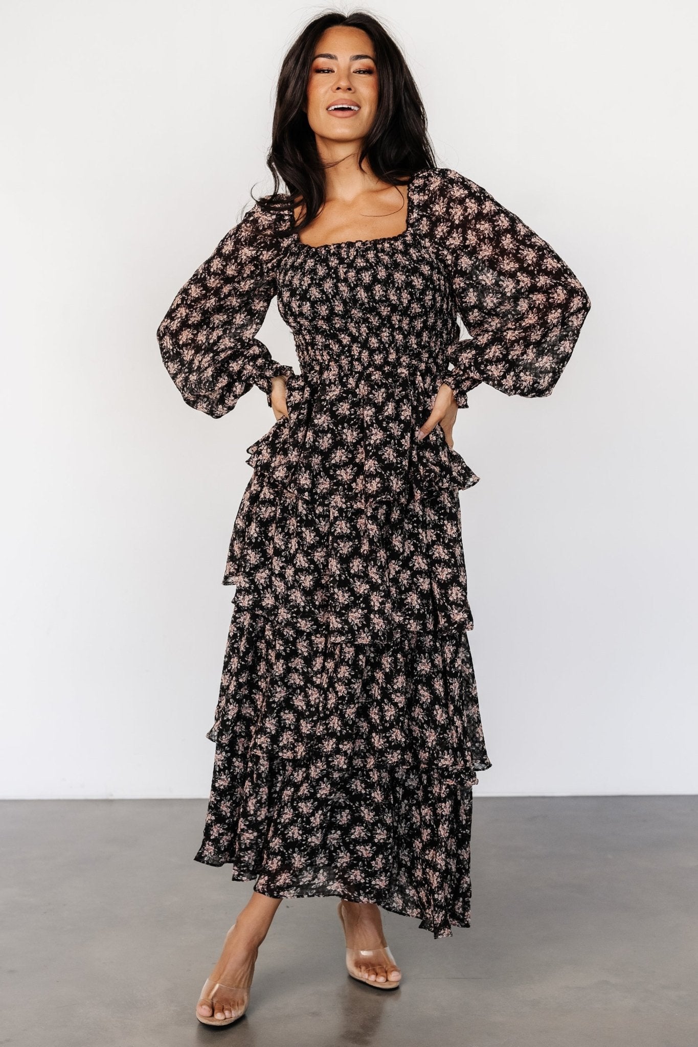 Miranda Tiered Maxi Dress | Black Floral