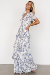Montaigne Ruffle Maxi Dress | Off White + Blue