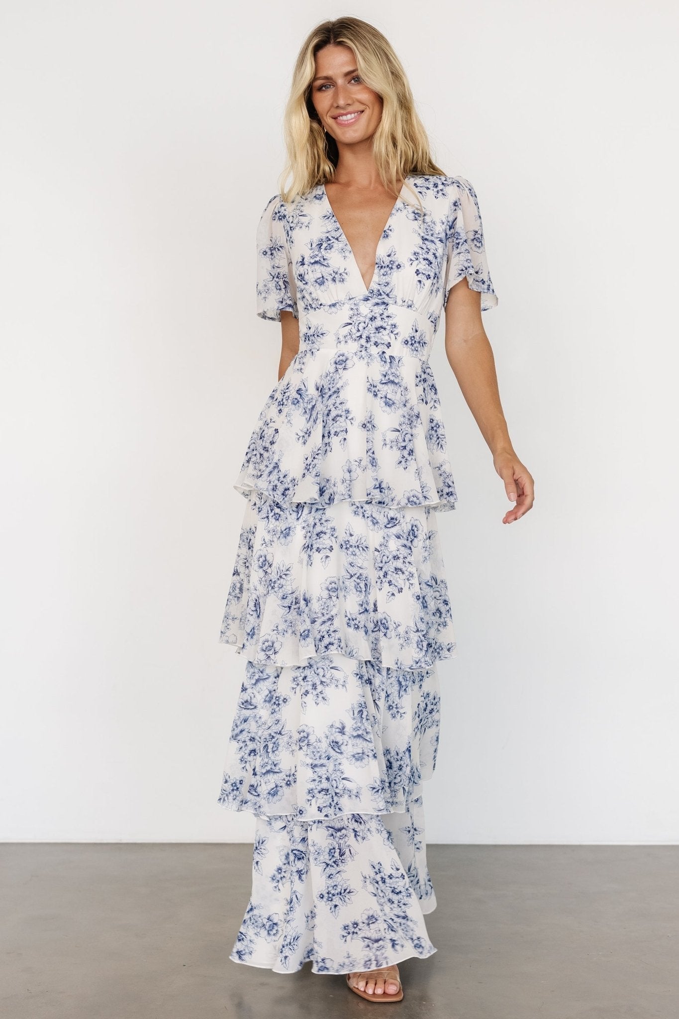 Montaigne Ruffle Maxi Dress | Off White + Blue