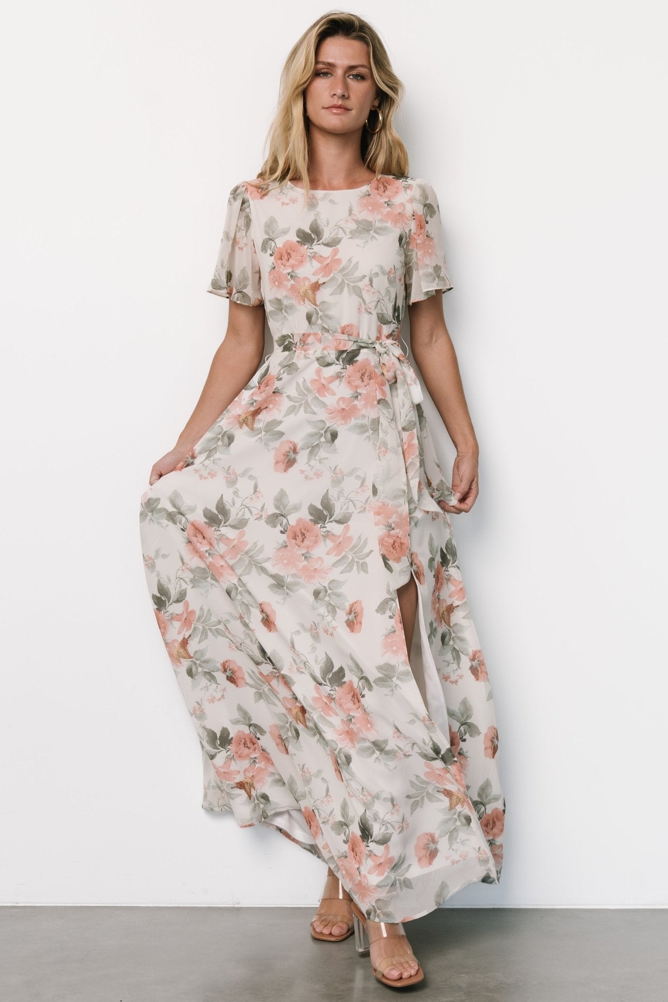 Naomi Short Sleeve Maxi Dress | Ivory + Coral Floral