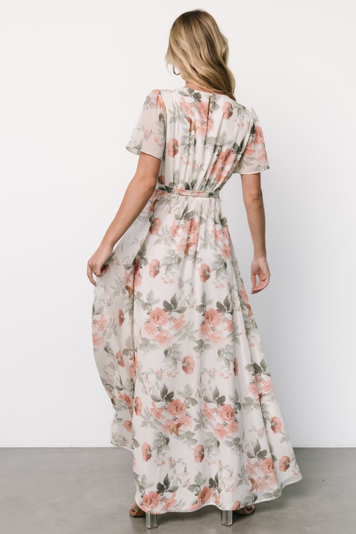 Naomi Short Sleeve Maxi Dress | Ivory + Coral Floral