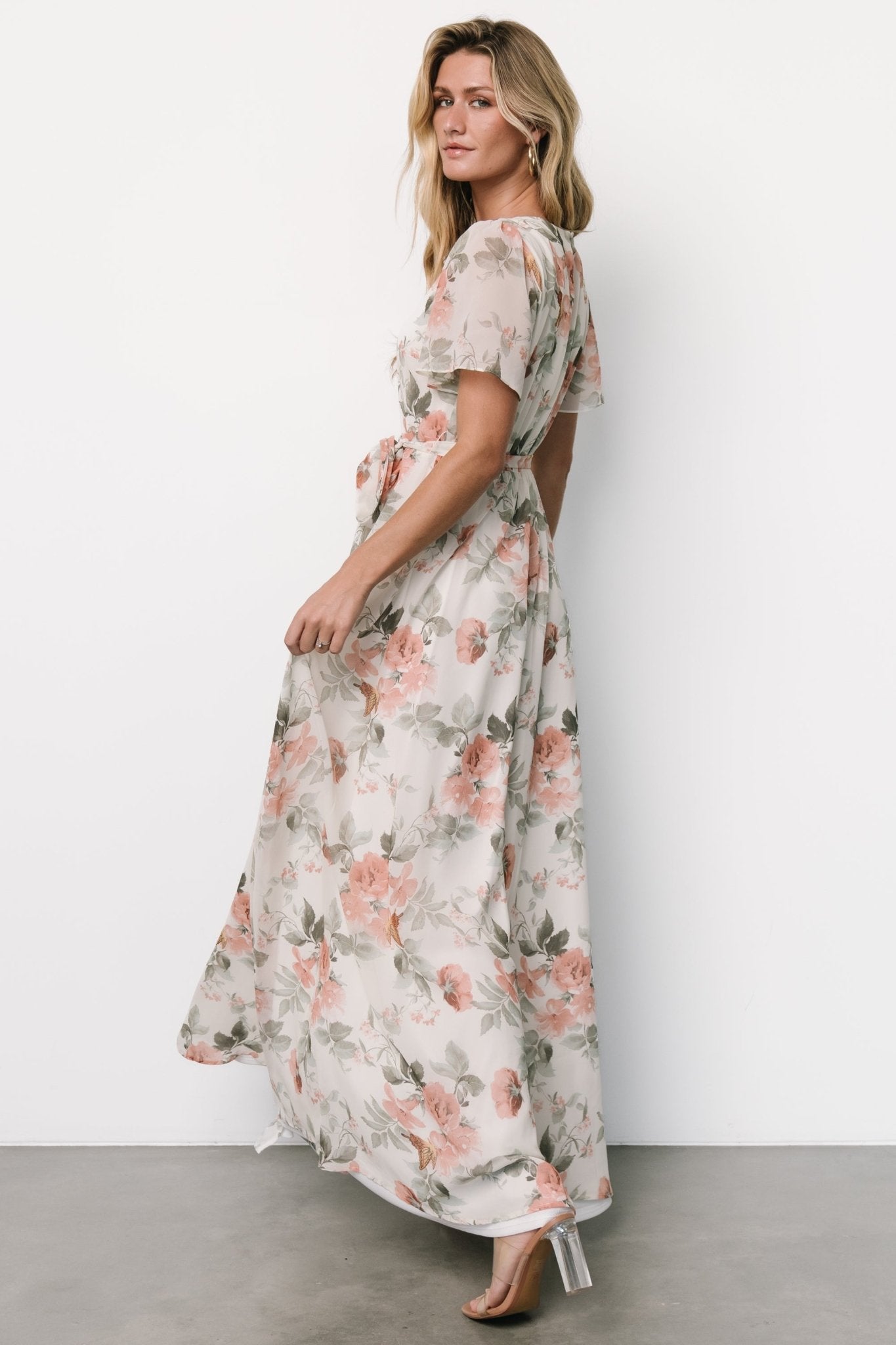 Naomi Short Sleeve Maxi Dress | Ivory + Coral Floral