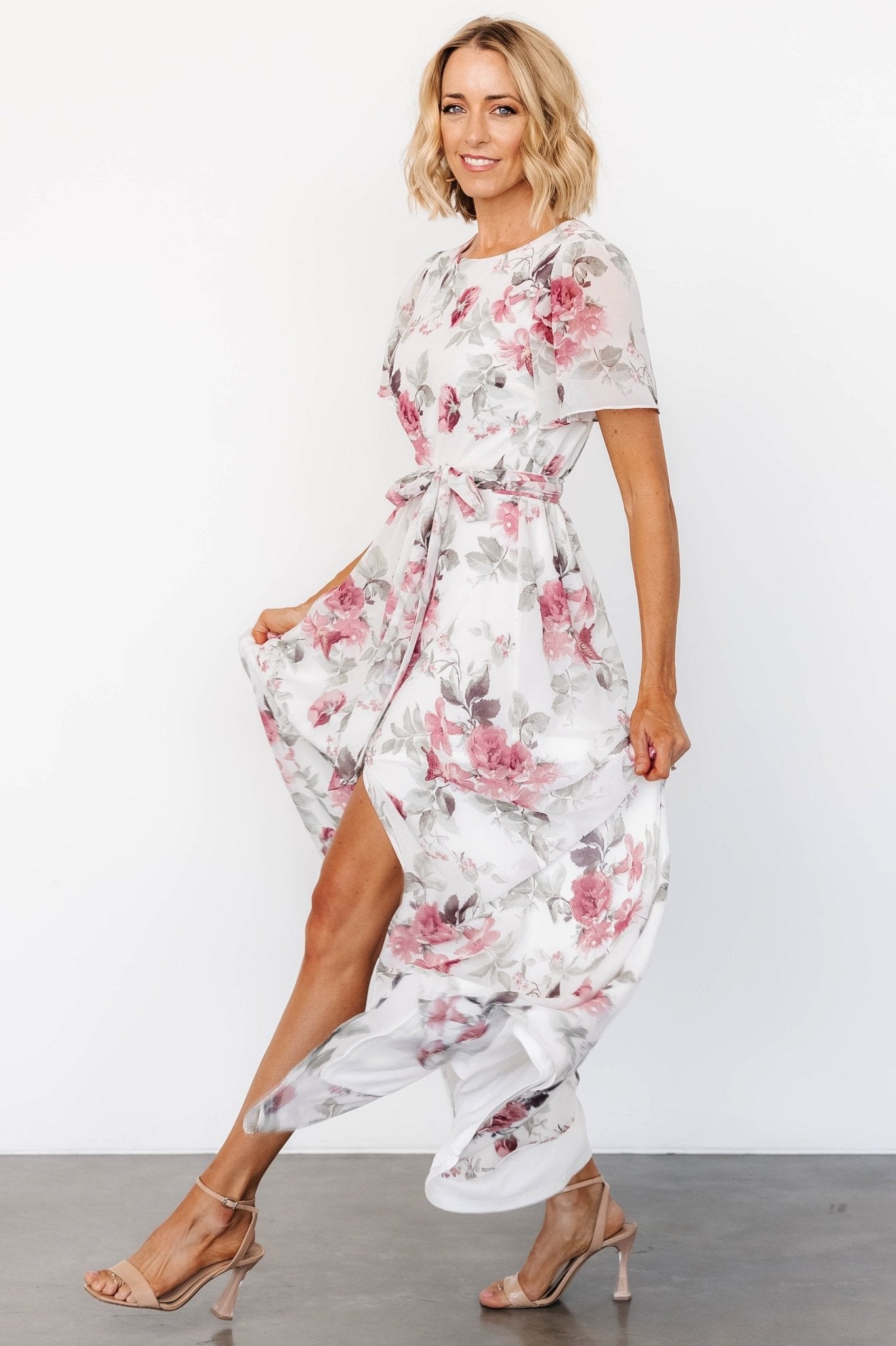 Naomi Short Sleeve Maxi Dress | Off White + Rose Floral