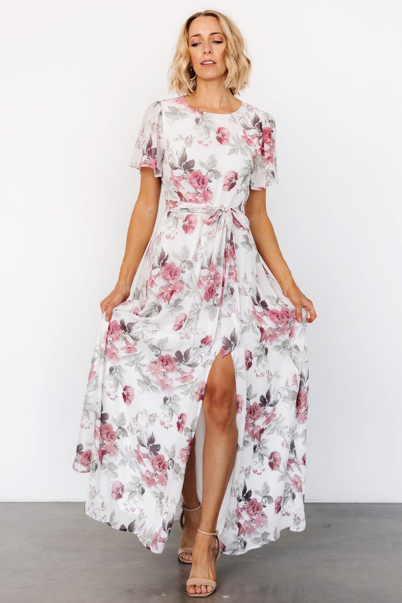 Naomi Short Sleeve Maxi Dress | Off White + Rose Floral