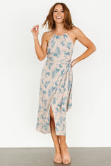 Nicole Faux Wrap Midi Dress | Natural + Blue