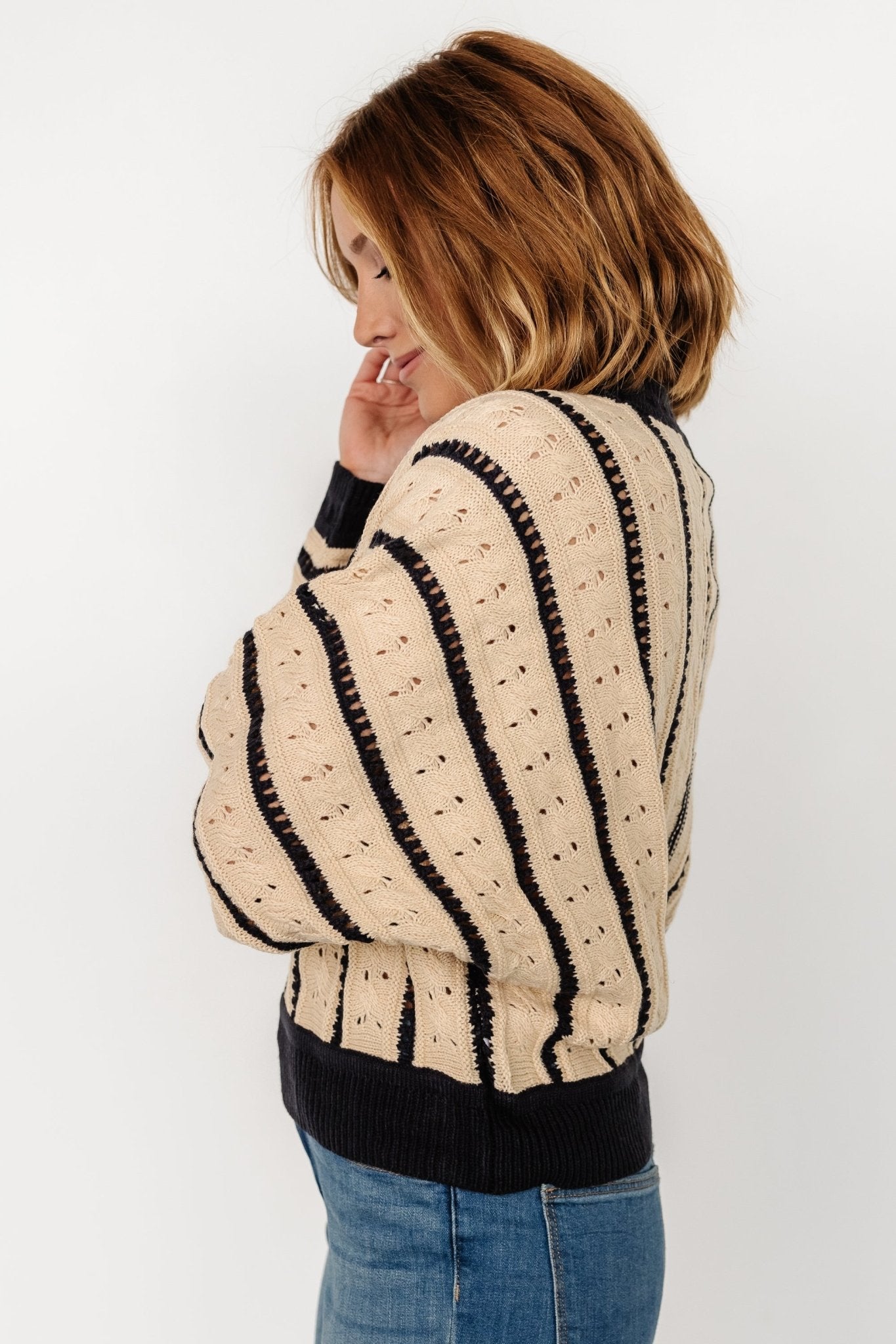 Paola Pointelle Sweater | Beige + Navy