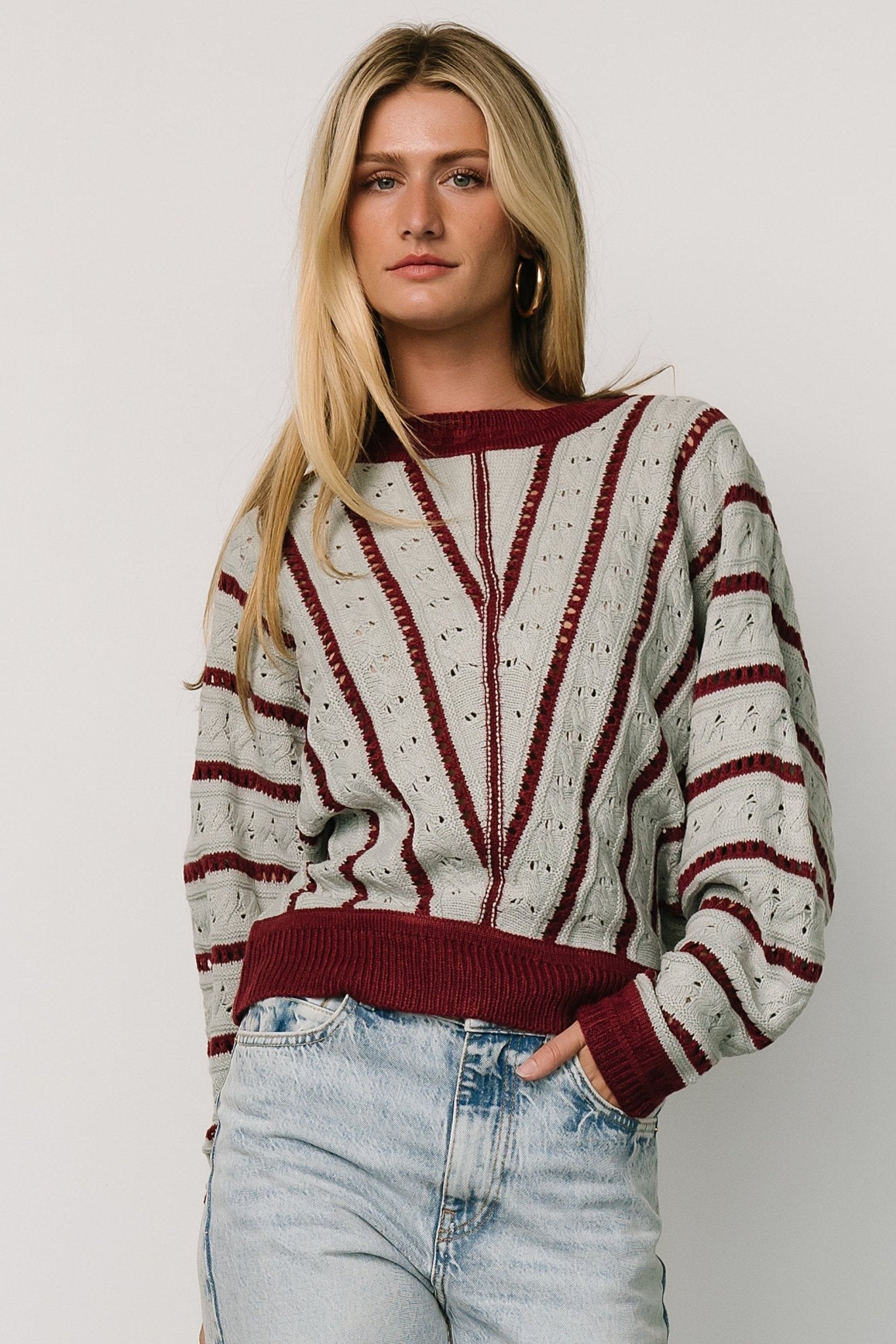 Paola Pointelle Sweater | Light Blue + Burgundy