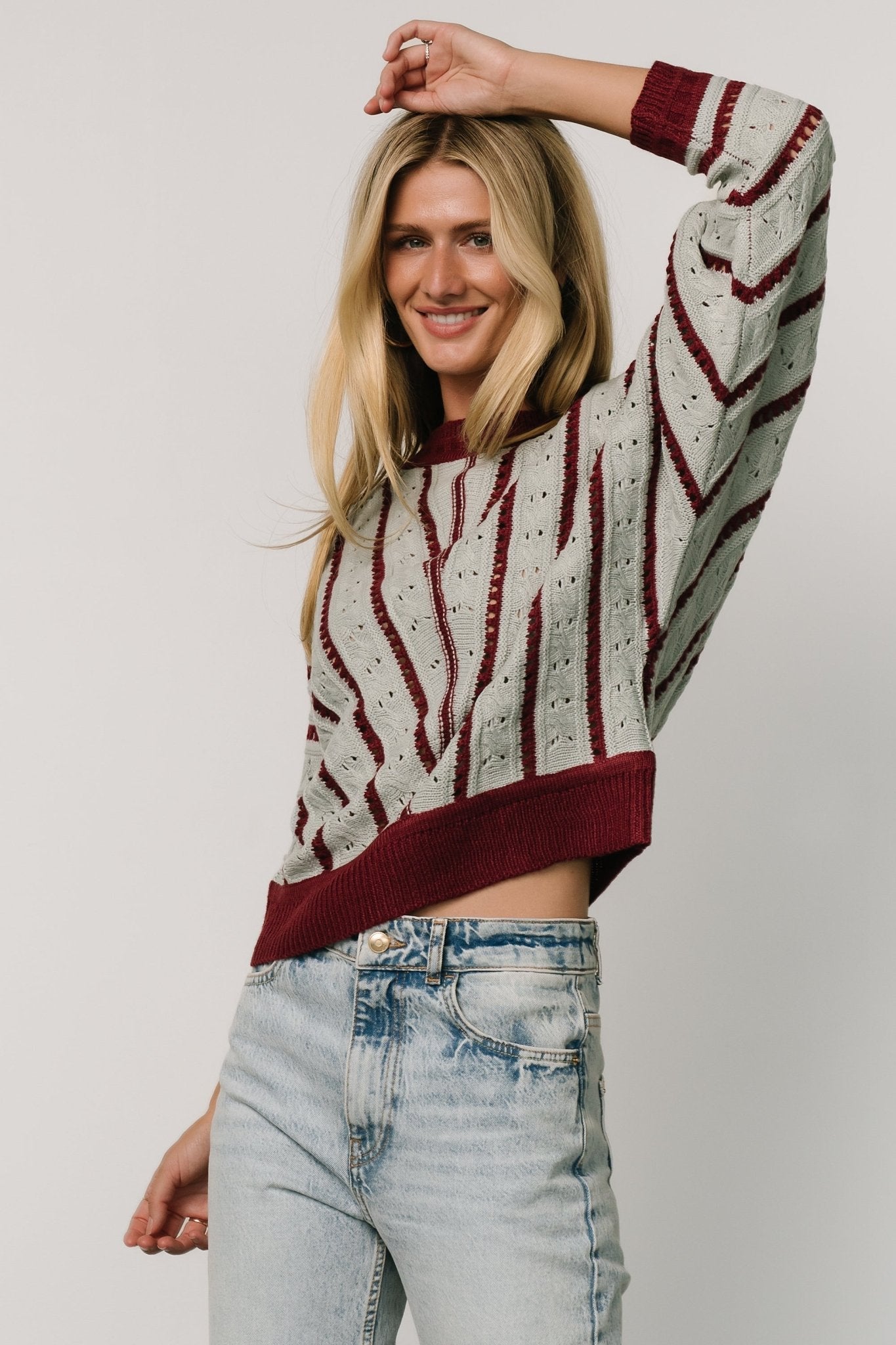 Paola Pointelle Sweater | Light Blue + Burgundy