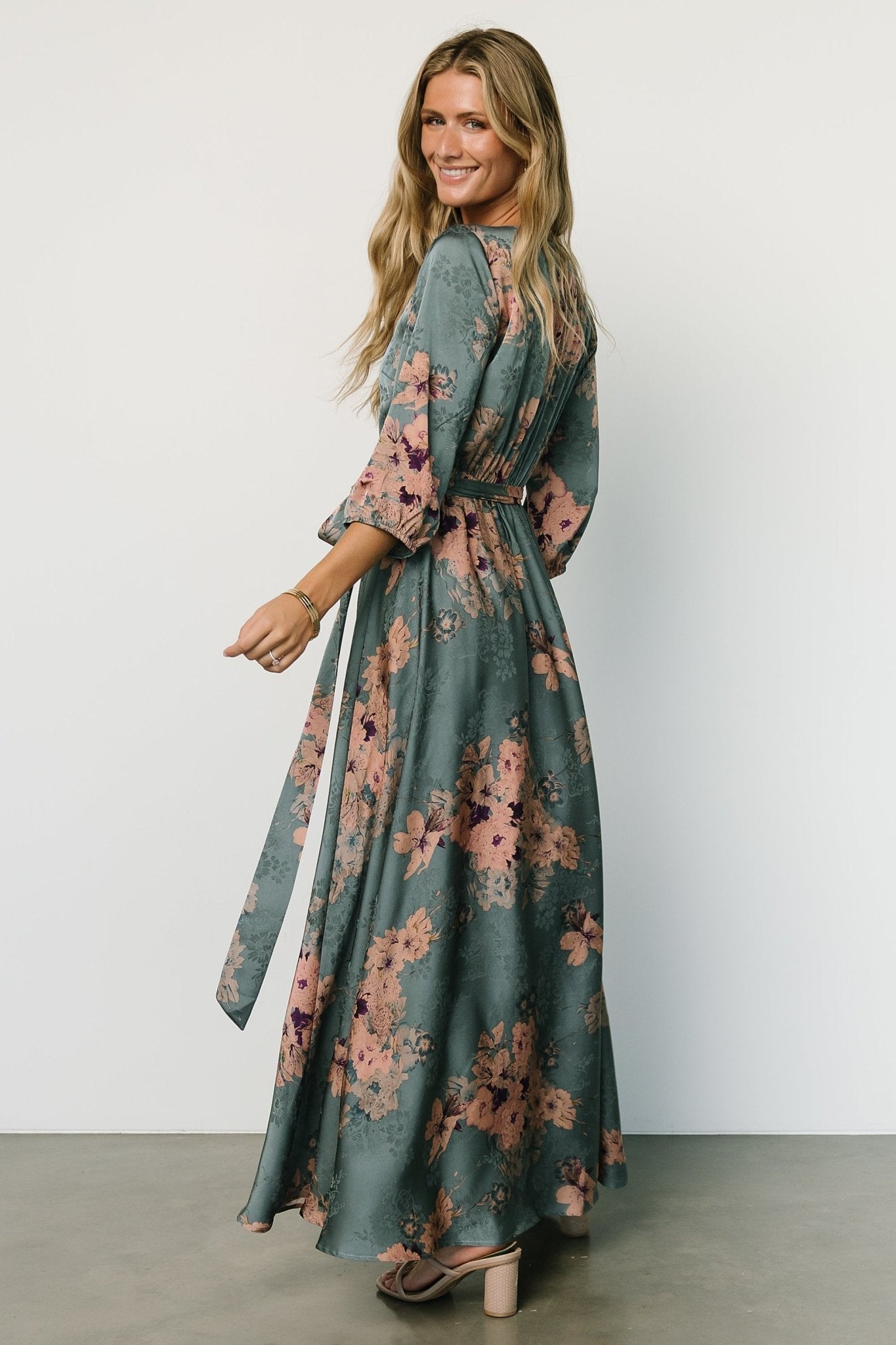 Paula Satin Maxi Dress | Blue + Pink Multi