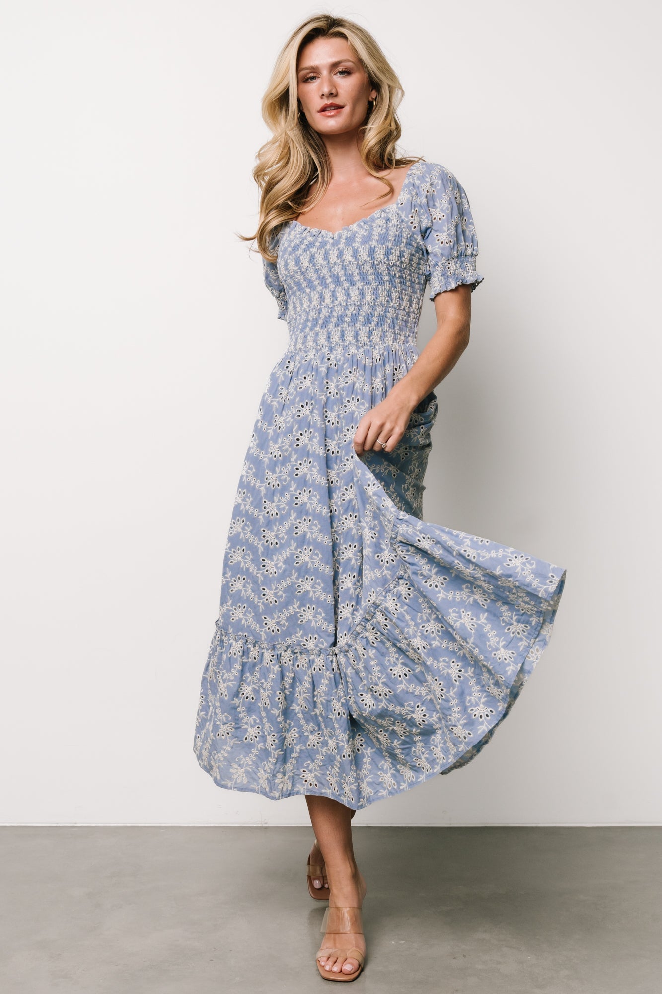 Piper Eyelet Midi Dress | Blue + Ivory