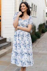 Piper Eyelet Midi Dress | Off White + Blue Floral