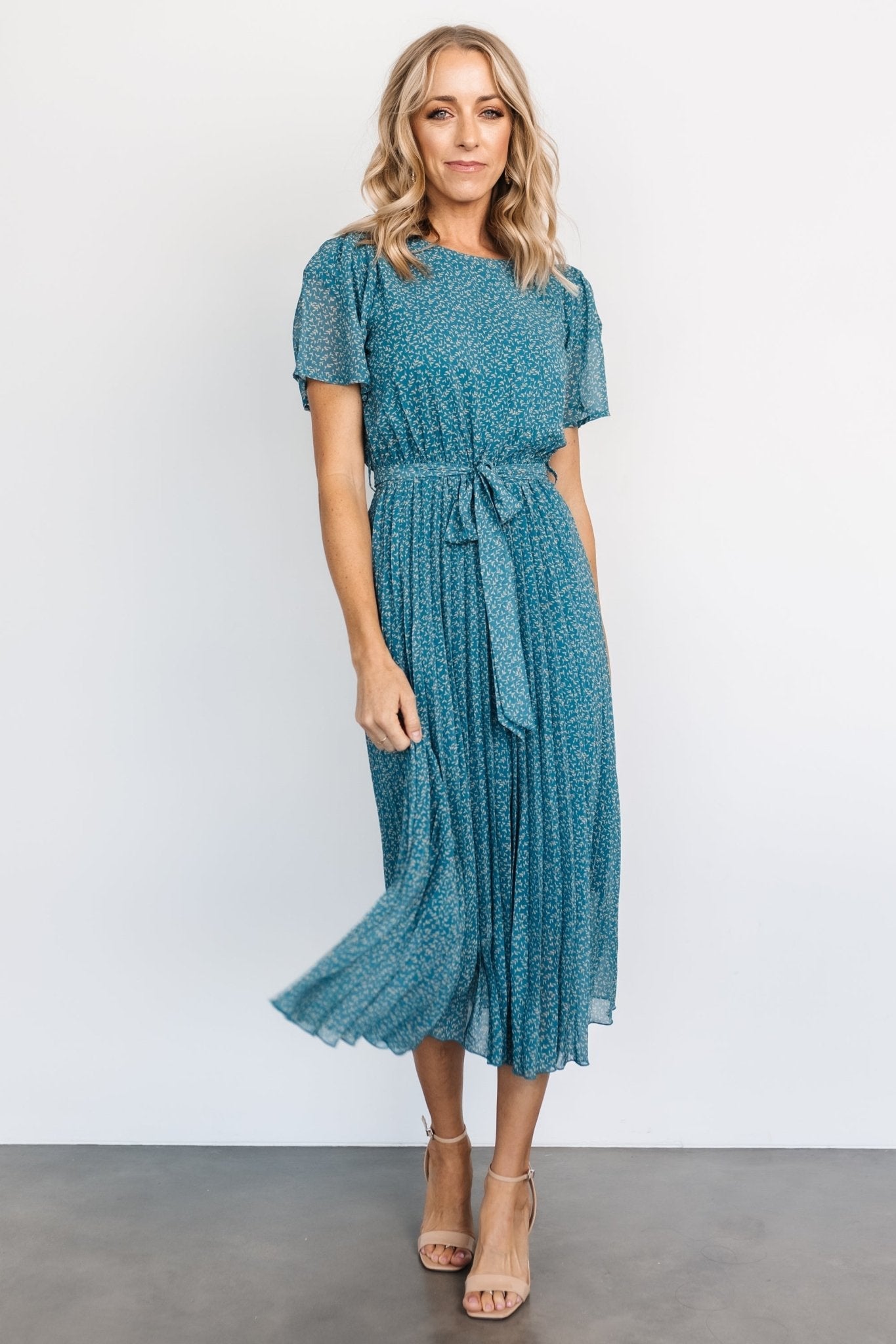 Prim Pleated Dress | Persian Blue Print