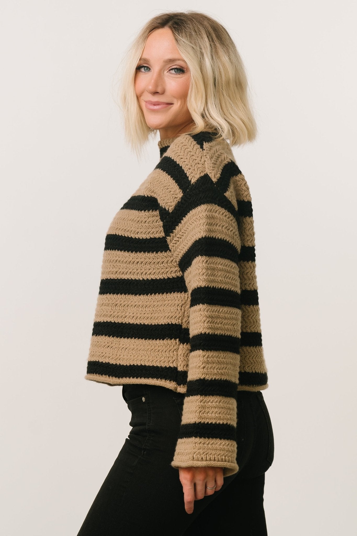 Robbie Striped Knit Sweater | Black + Camel