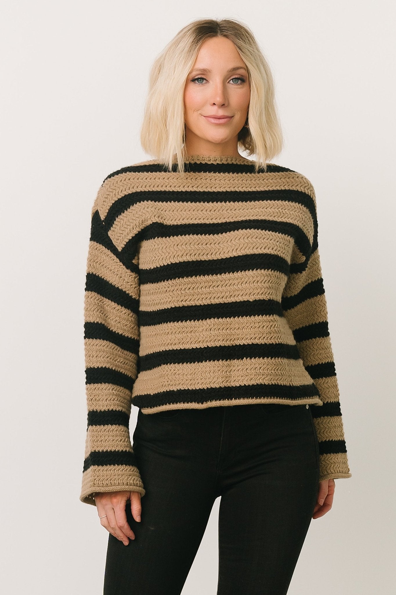 Robbie Striped Knit Sweater | Black + Camel