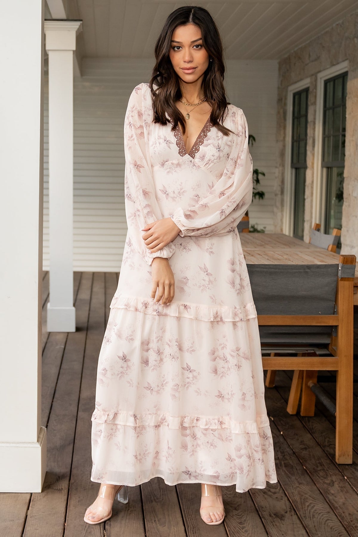 Rumi Deep V Maxi Dress | Beige + Clove Floral