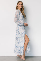 Rumi Deep V Maxi Dress | Off White + Blue Floral