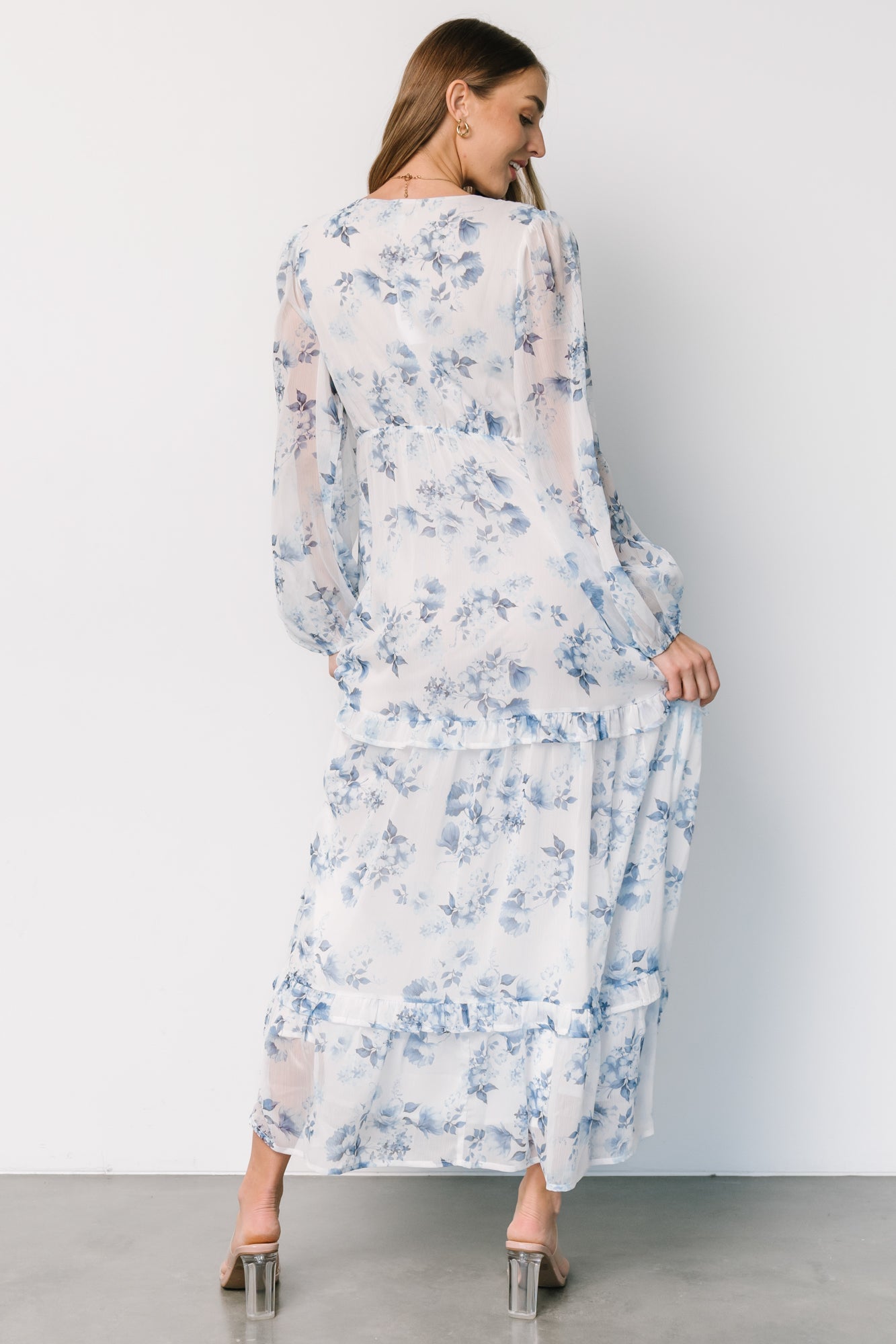 Rumi Deep V Maxi Dress | Off White + Blue Floral
