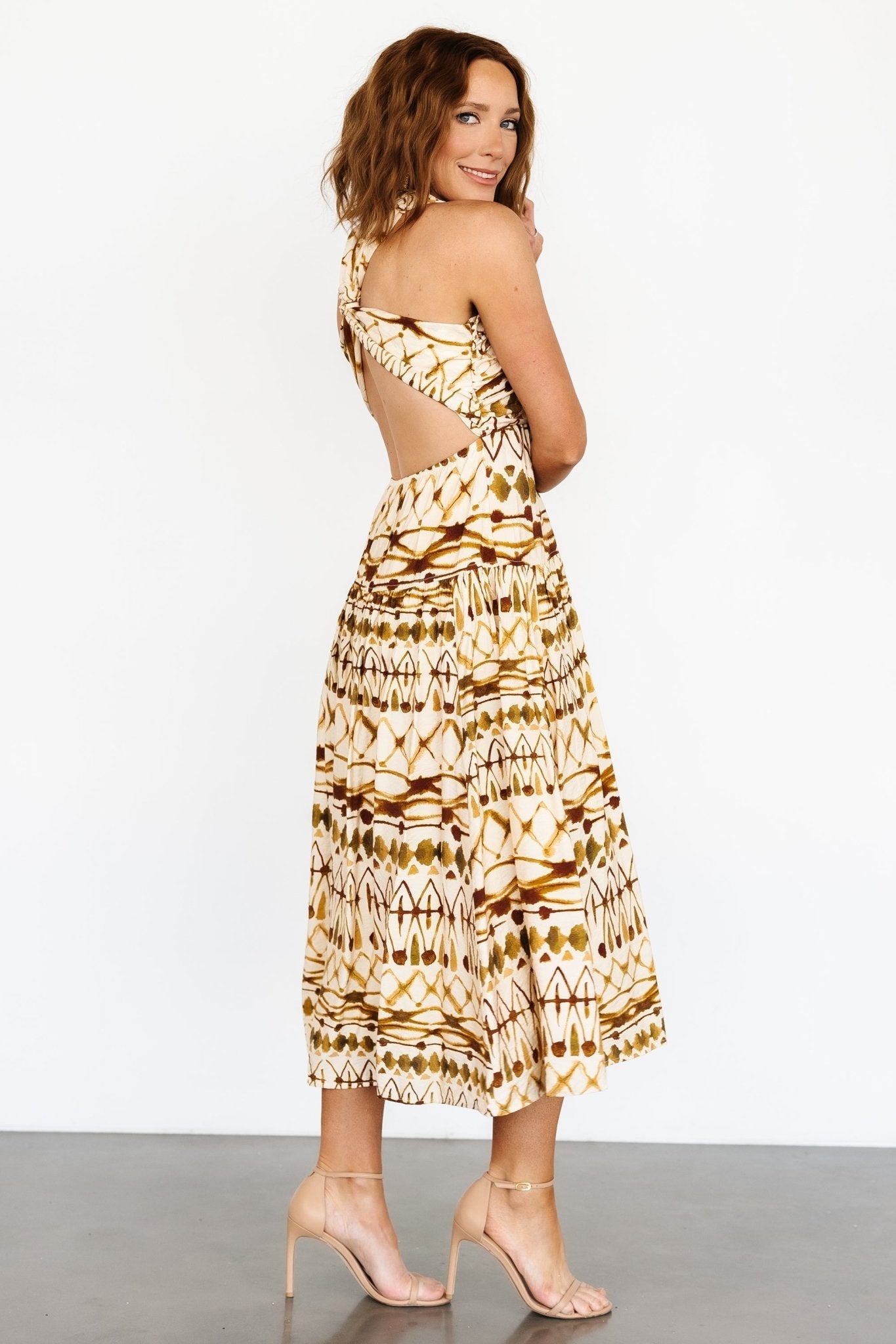 Seraphina Open Back Midi Dress | Tan Multi