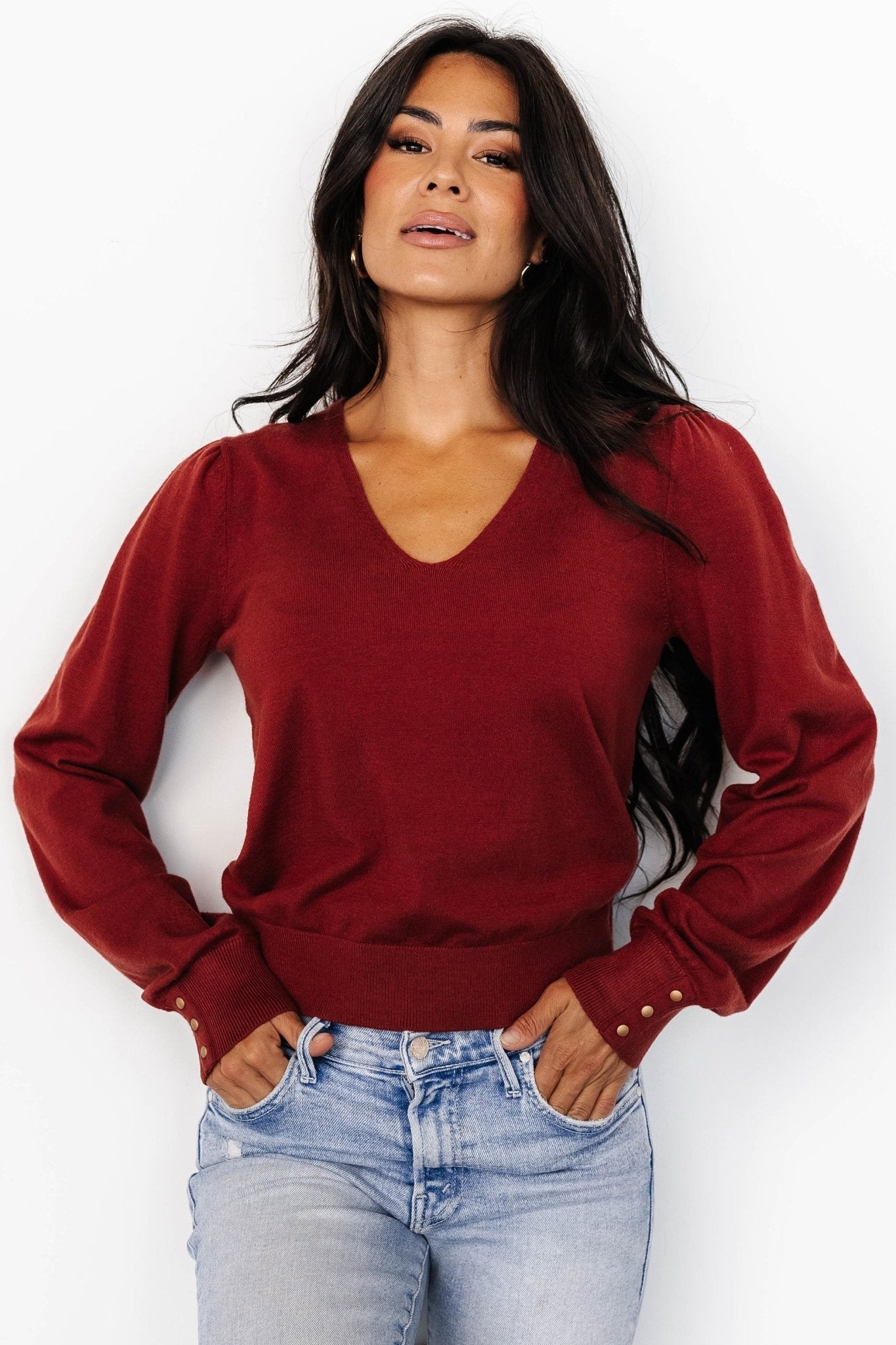 Sheila V Neck Sweater Top | Brick