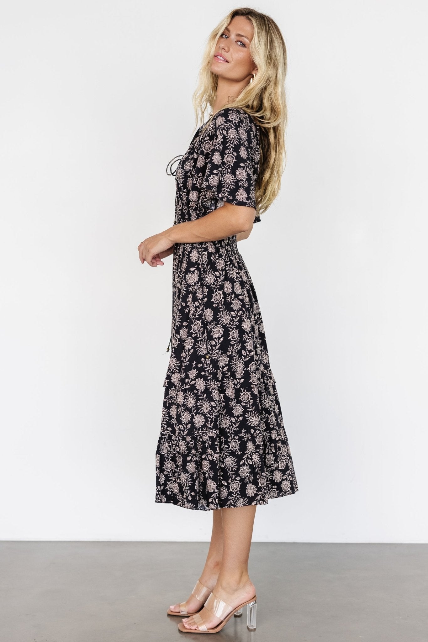 Spell Boho Midi Dress | Black + Taupe Floral