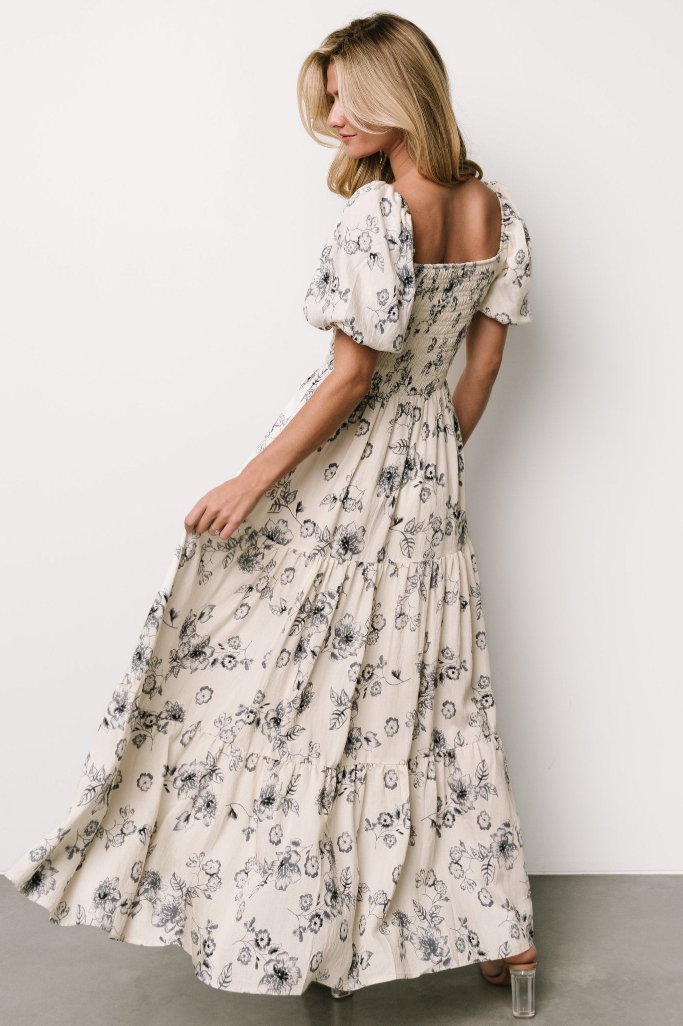 Susanna Smocked Maxi Dress | Ivory + Blue Floral