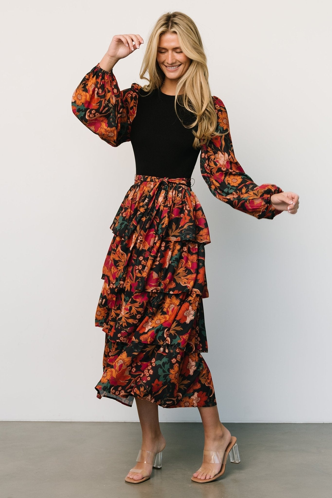 Sylvie Tiered Midi Dress | Black Multi