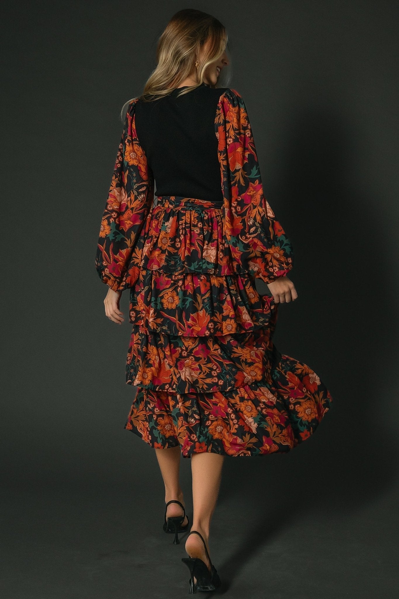 Sylvie Tiered Midi Dress | Black Multi