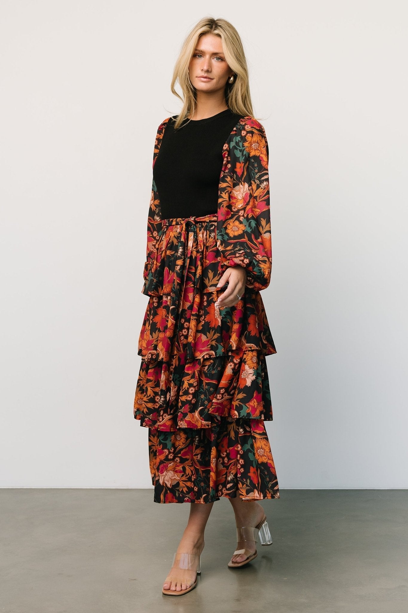 Sylvie Tiered Midi Dress | Black Multi
