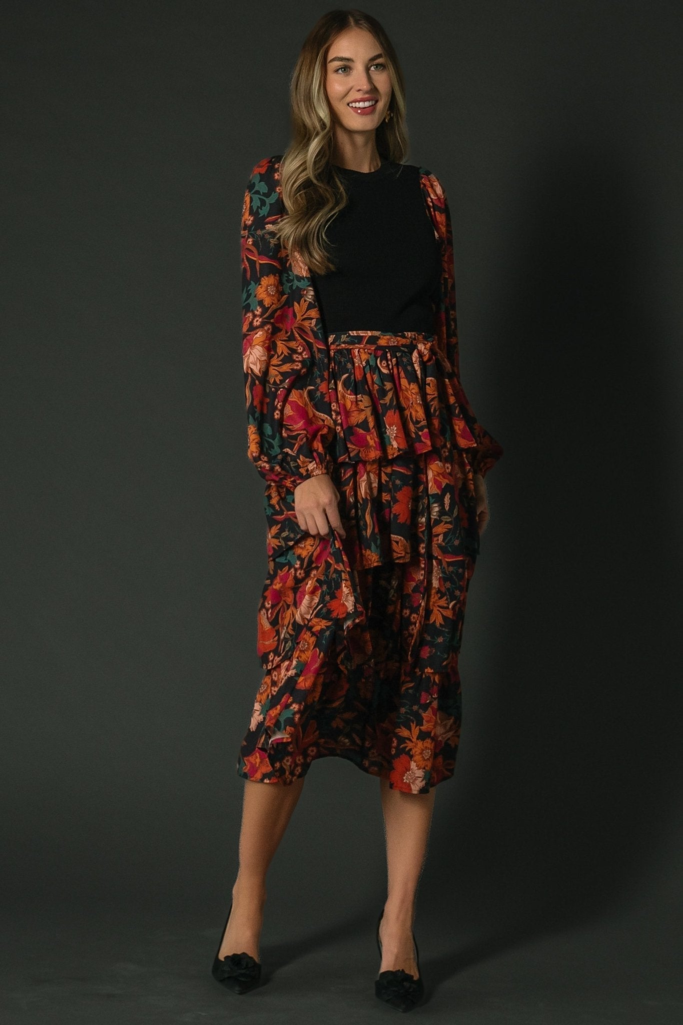 Sylvie Tiered Midi Dress | Black Multi