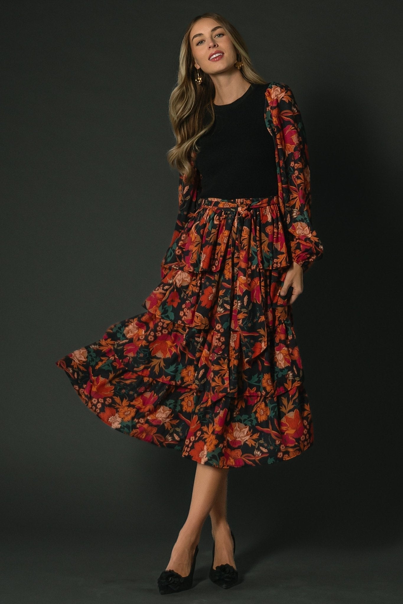 Sylvie Tiered Midi Dress | Black Multi