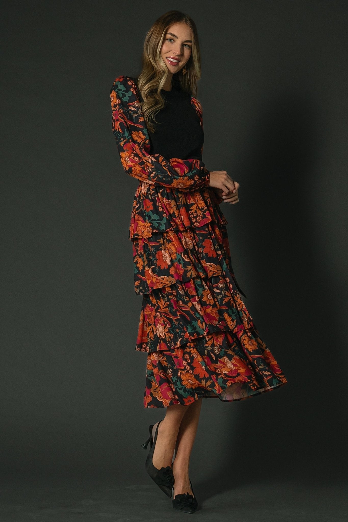 Sylvie Tiered Midi Dress | Black Multi
