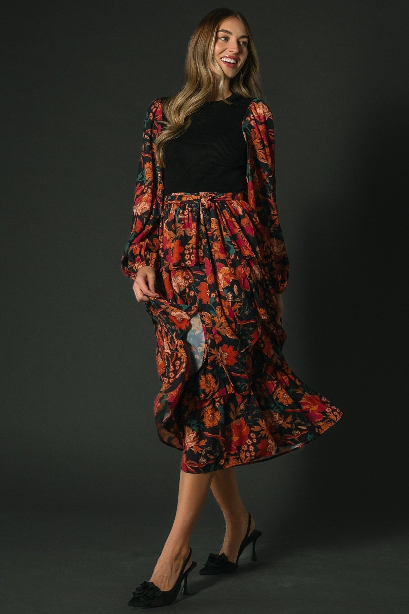 Sylvie Tiered Midi Dress | Black Multi