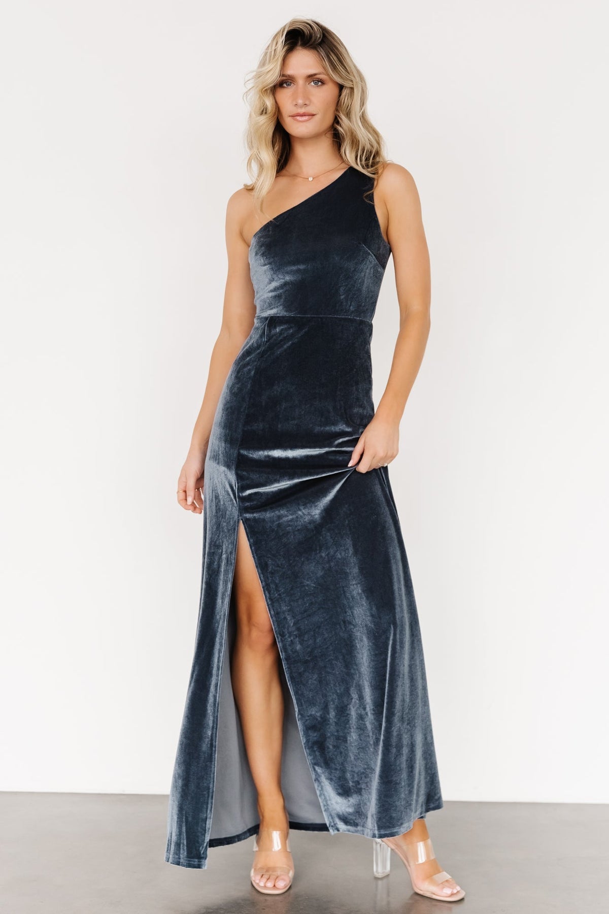 Tatiana Velvet One Shoulder Maxi Dress | Slate Blue