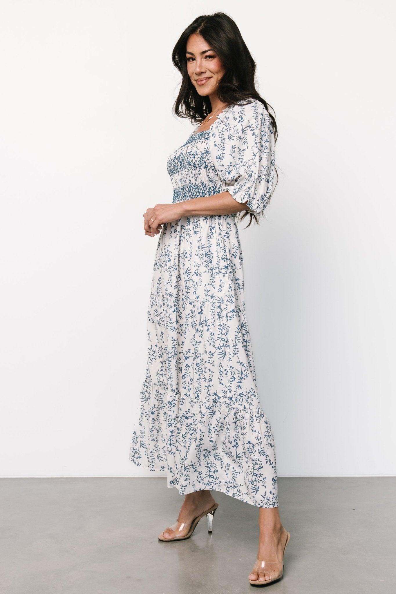 Tulsa Smocked Dress | Off White + Blue