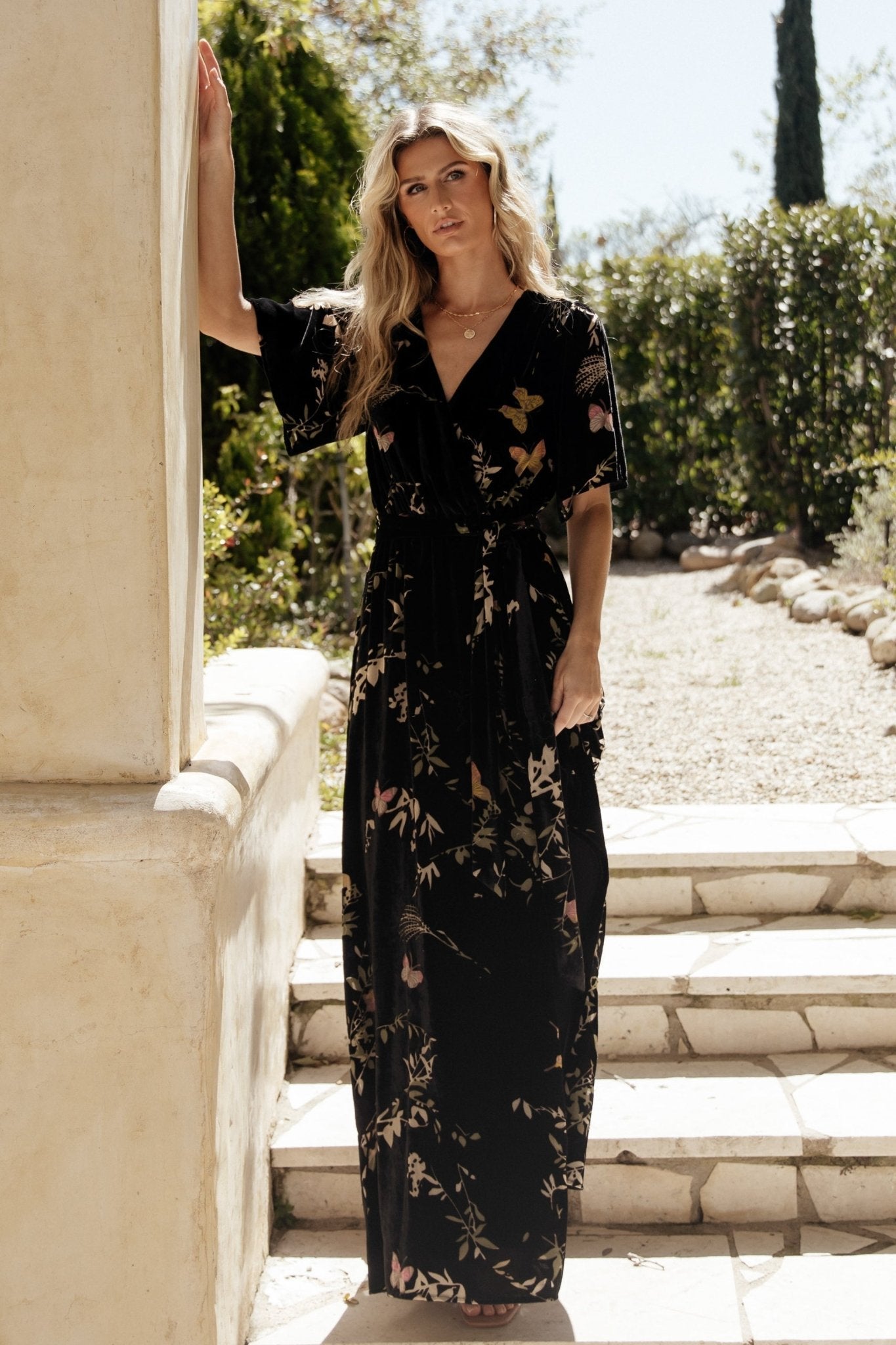 Uma Velvet Maxi Dress | Black Butterfly Print