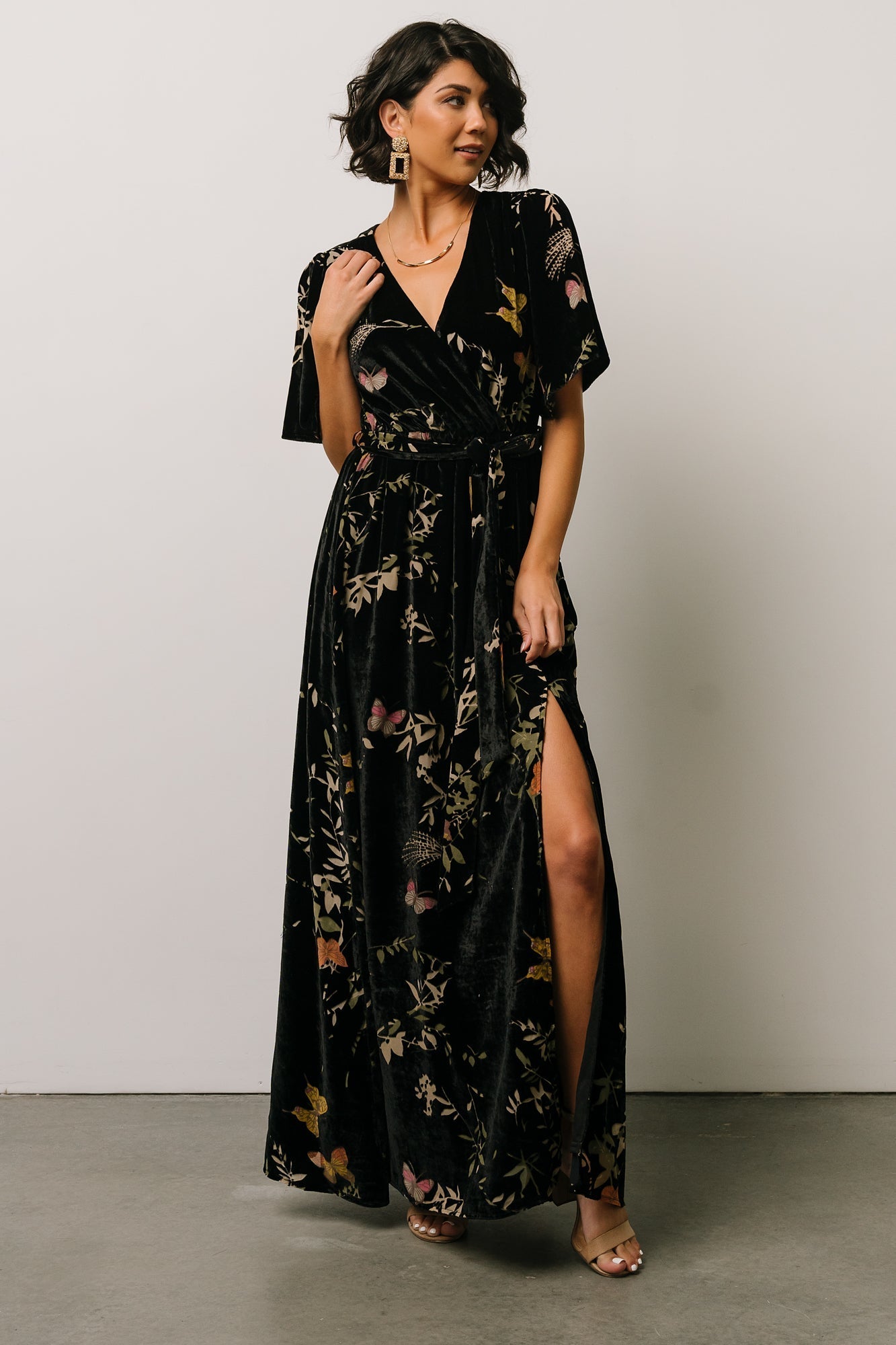 Uma Velvet Maxi Dress | Black Butterfly Print