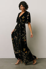 Uma Velvet Maxi Dress | Black Butterfly Print