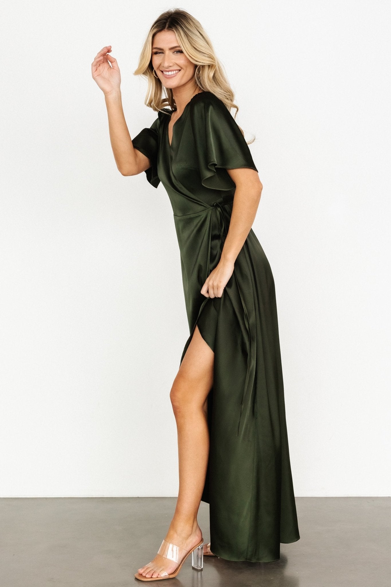 Vara Satin Maxi Wrap Dress | Dark Olive