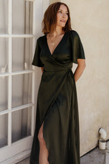 Vara Satin Maxi Wrap Dress | Dark Olive