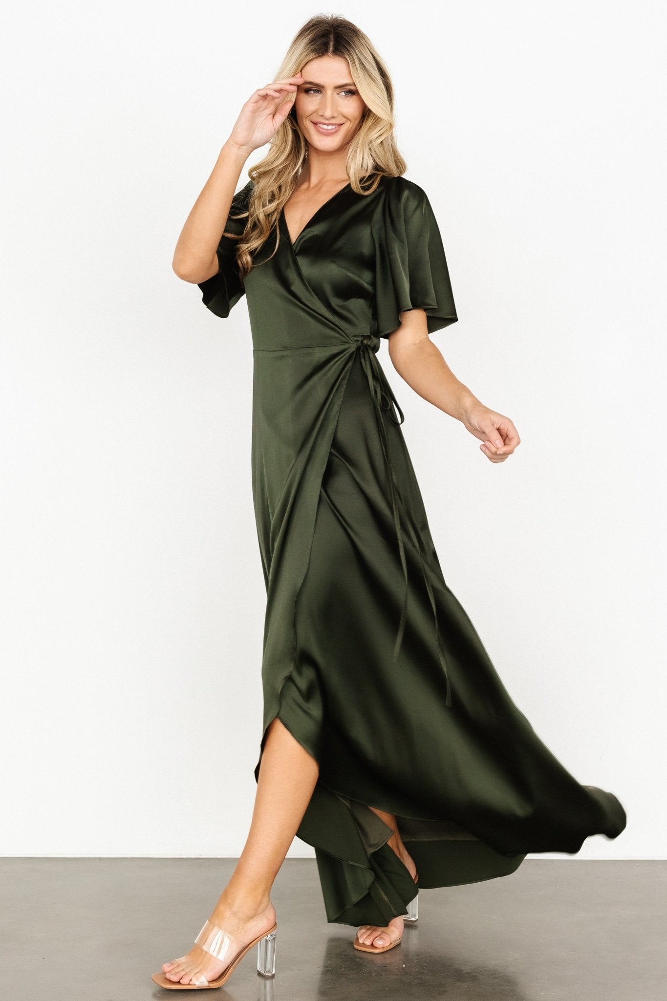 Vara Satin Maxi Wrap Dress | Dark Olive