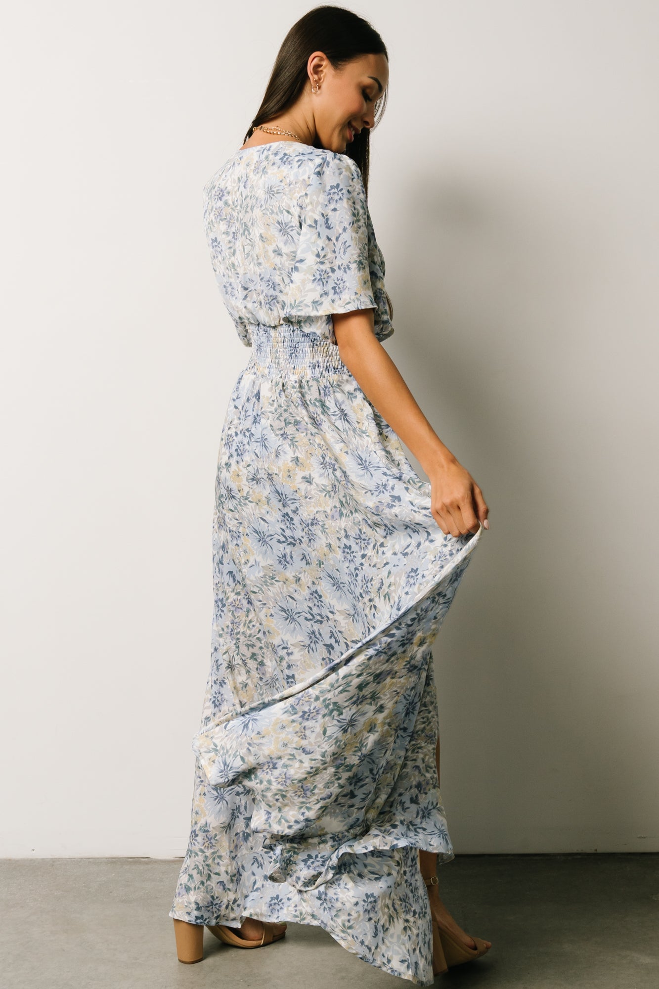 Verona Smocked Maxi Dress | White + Blue Print