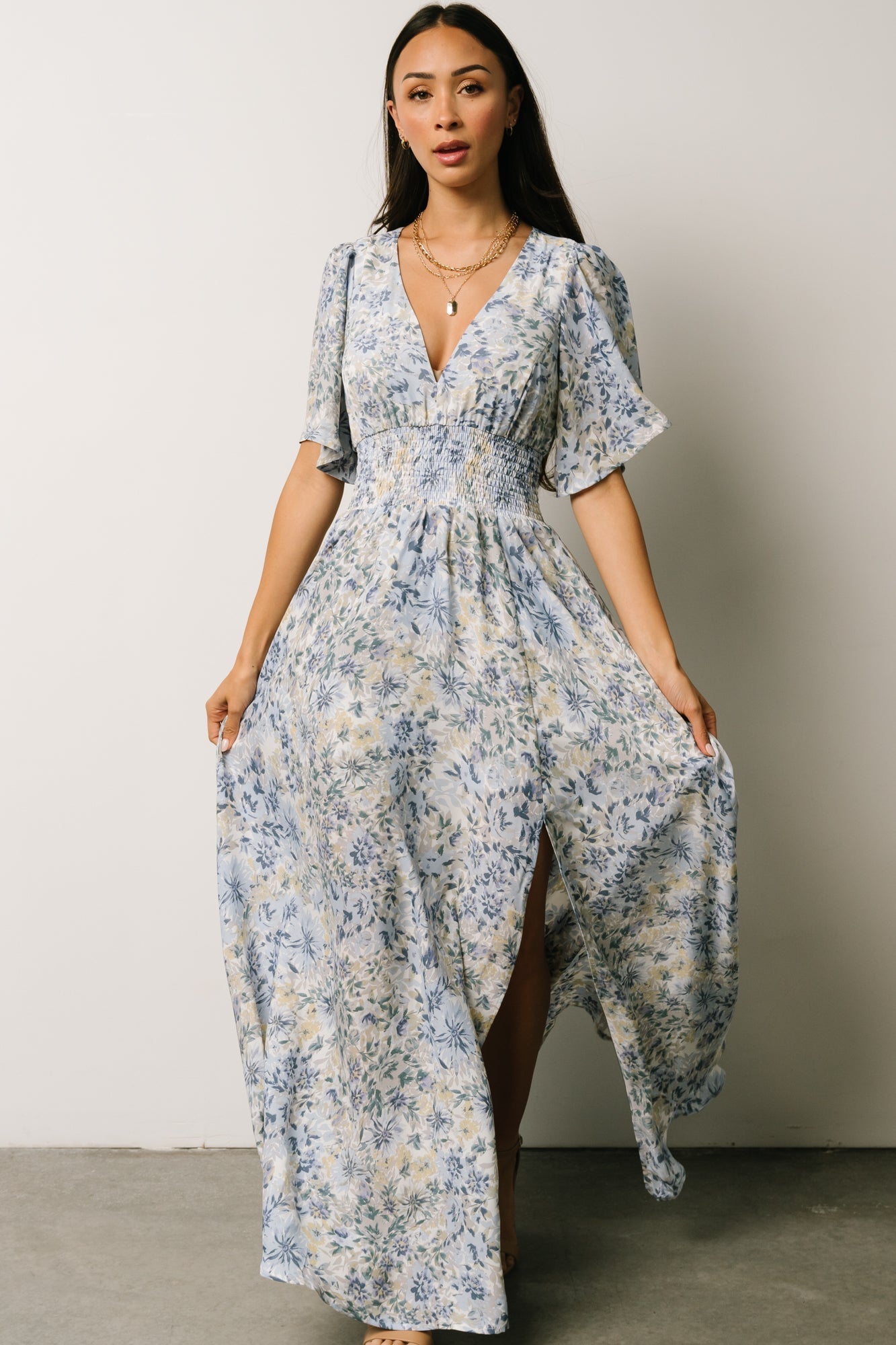 Verona Smocked Maxi Dress | White + Blue Print