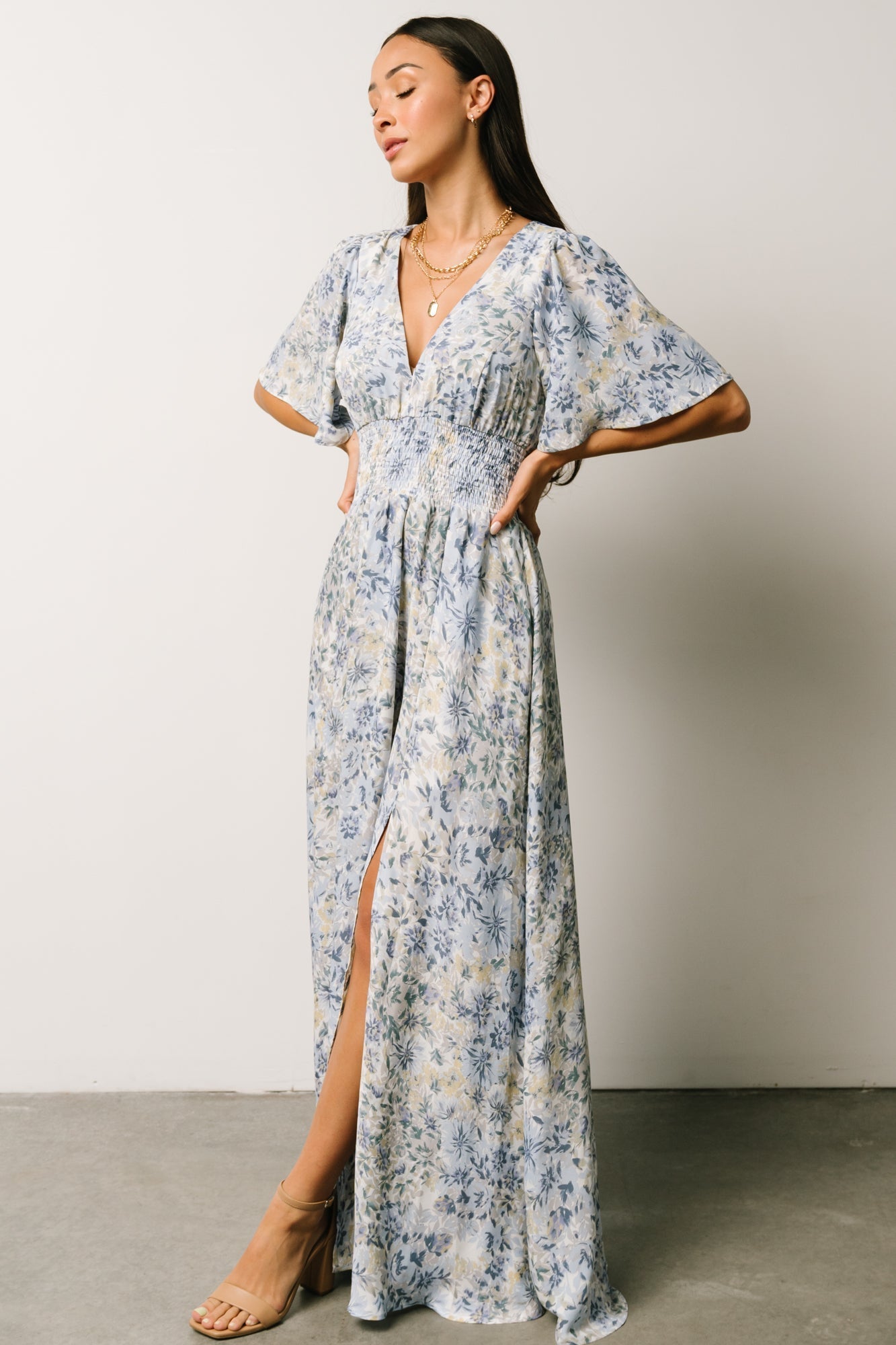 Verona Smocked Maxi Dress | White + Blue Print