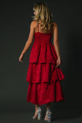 Violetta Embossed Tiered Dress | Deep Red