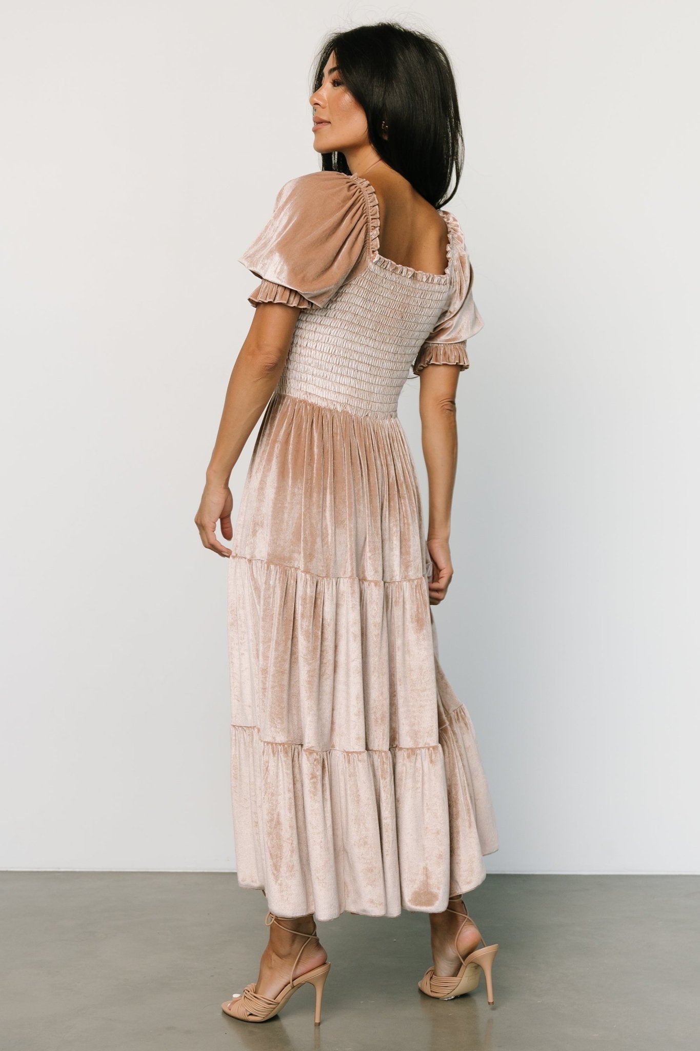 Vivaldi Smocked Velvet Midi Dress | Champagne