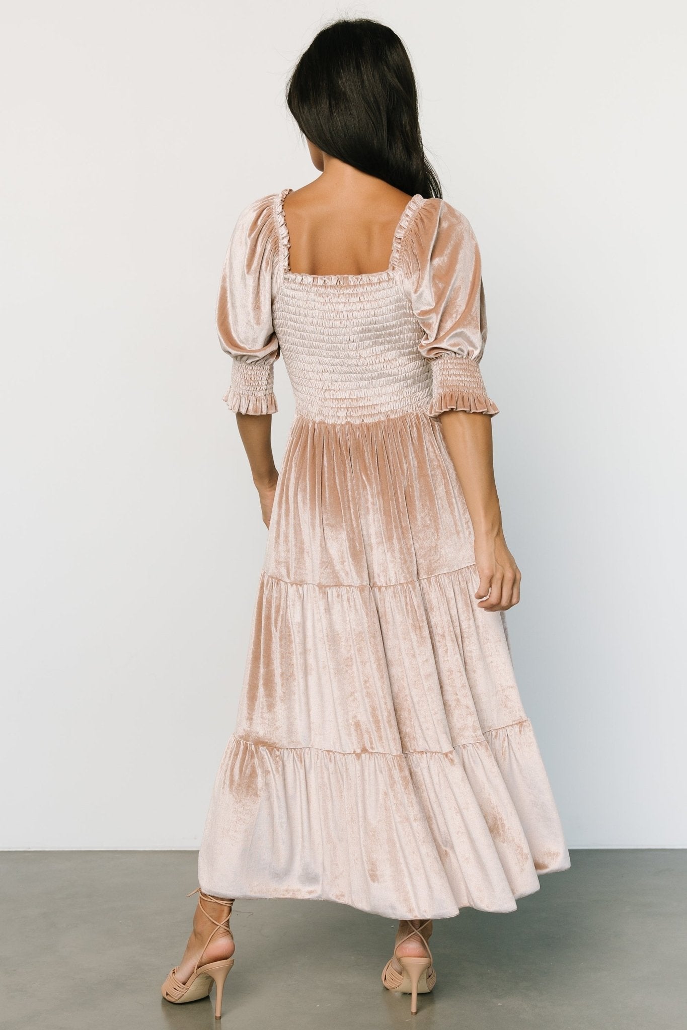 Vivaldi Smocked Velvet Midi Dress | Champagne