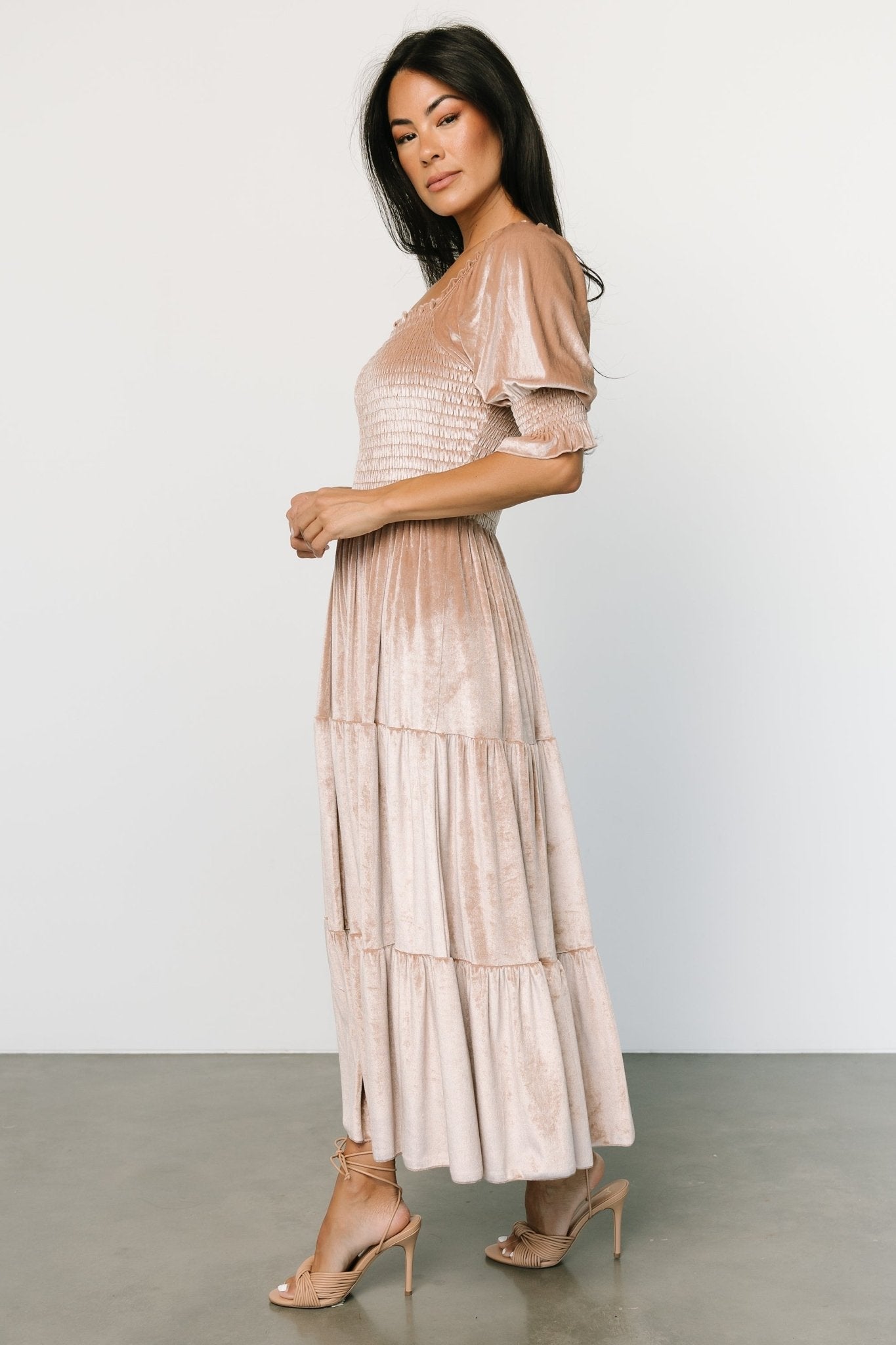 Vivaldi Smocked Velvet Midi Dress | Champagne